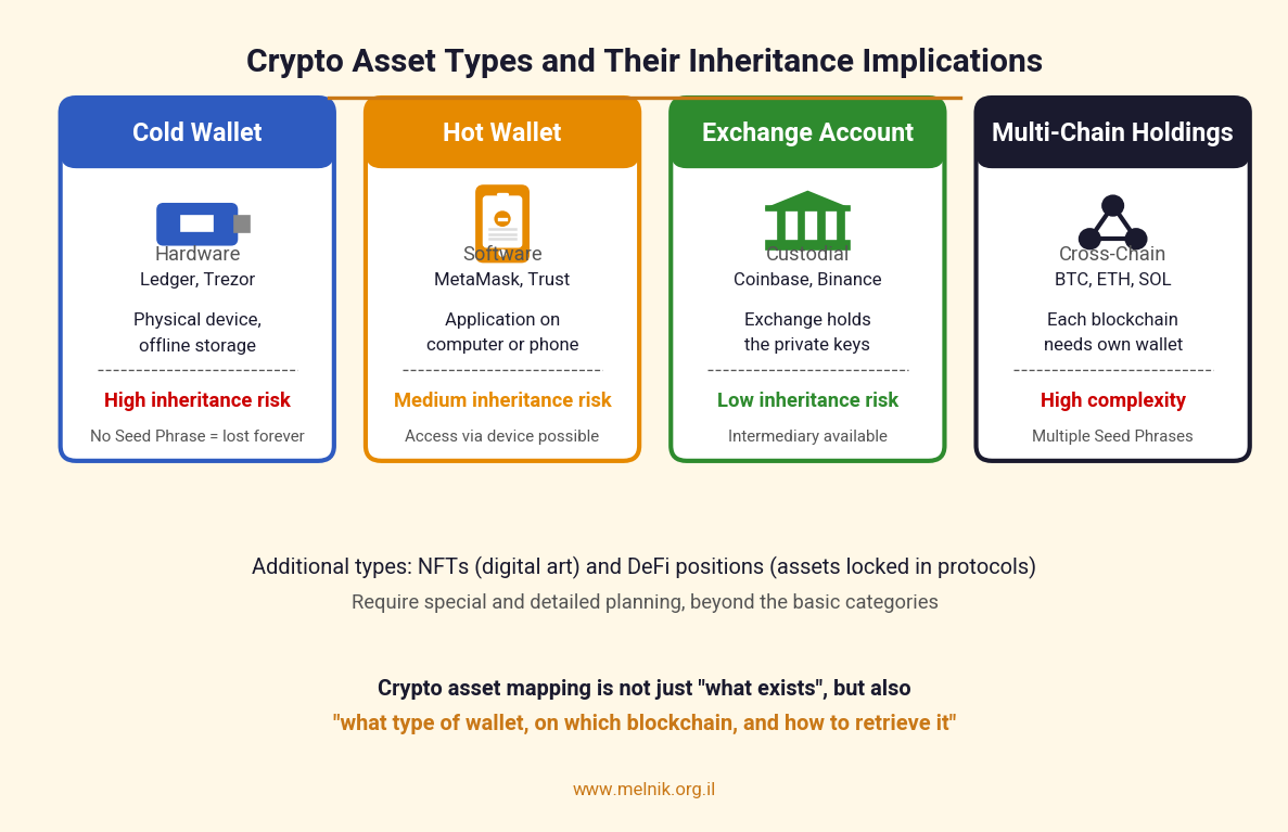 The four types of crypto assets - cold wallet, hot wallet, exchange account, multi-chain holdings